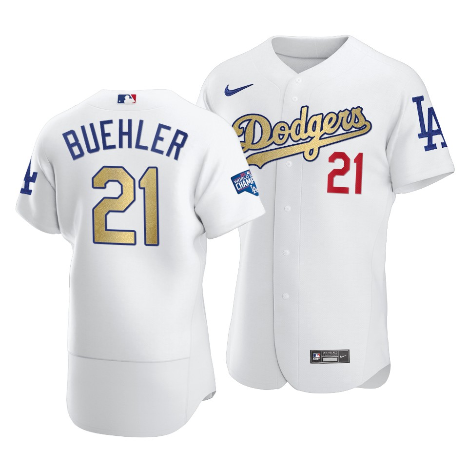Men's Los Angeles Dodgers #21 Walker Buehler 2021 White Gold World Series Champions Patch Sttiched Jersey